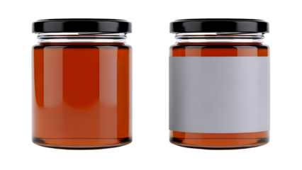 Amber glass jars with black lid and label isolated on transparent background