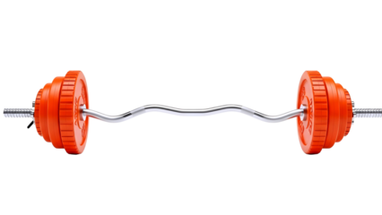Orange weightlifting barbell with collars on white background isolated on transparent background