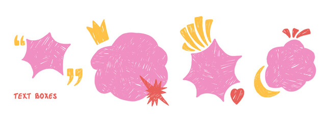 Kids text boxes stickers crayon set. Geometric bang and boom clouds figures hand drawn scribbles set. Pink chat dialogue callouts promo stickers. Vector message tag badges illustration background.