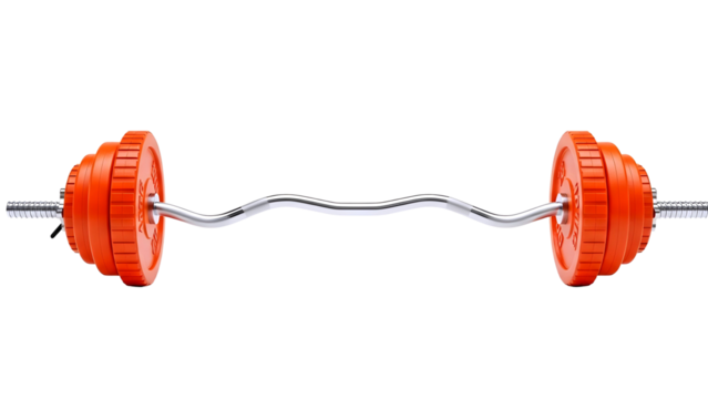 Orange weightlifting barbell with collars on white background isolated on transparent background - Powered by Adobe