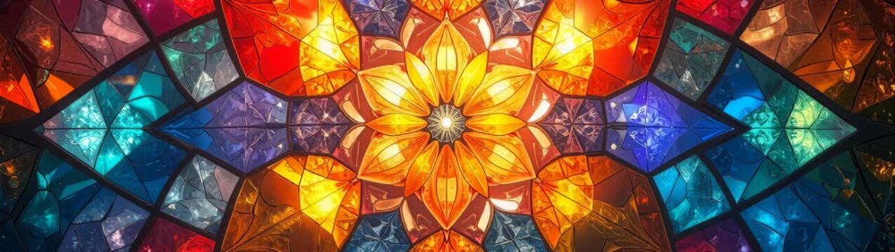 Stained glass with a symmetric floral pattern creating colorful abstract background.