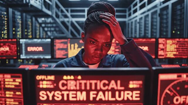 Woman in Server Room Faces Critical System Failure on Multiple Screens