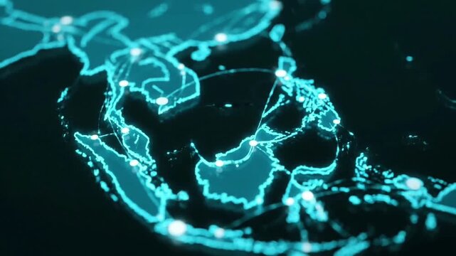 Futuristic digital map of Southeast Asia highlighting interconnected global networks and advanced data flow for international communication and technological development