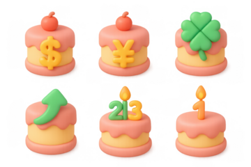 Symbolic cake icons with currency, luck, and celebration themes for design and decoration