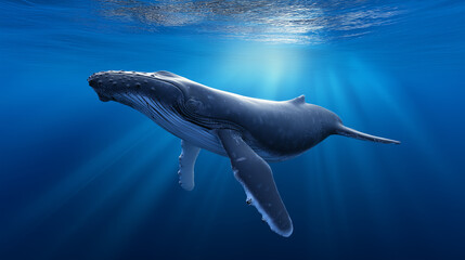 Fototapeta premium Humpback whale swimming gracefully underwater with sunlight streaming through the ocean. 