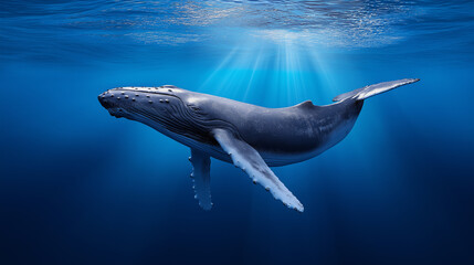 Fototapeta premium Humpback whale swimming gracefully underwater with sunlight streaming through the ocean. 