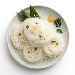 South Indian Idiyappam (String Hoppers), Top View, Isolated on White Background