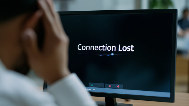 Frustrated person holding their head while looking at a computer screen displaying a connection lost error.
