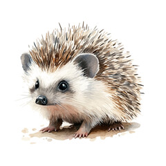 African Pygmy Hedgehog, soft hand-painted watercolor illustration, isolated on a white background. © deltrion