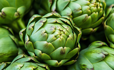 Fototapeta premium Fresh green artichokes tightly packed creating a natural vegetable pattern. 