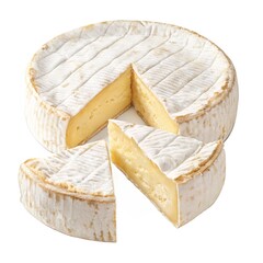 French Camembert Cheese Wheel with Slices Isolated on Transparent Background