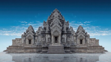 Naklejka premium Ancient stone temple complex with stepped entrance and intricate carvings against a blue sky
