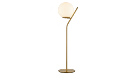 Modern brass floor lamp with globe shade isolated on transparent background