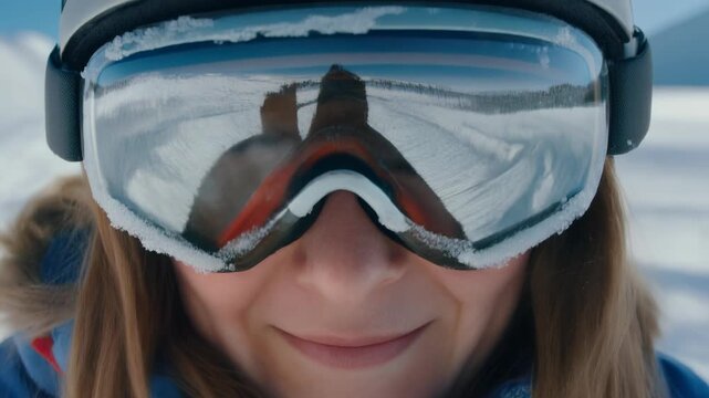 Close-Up Portrait of a Smiling Woman in Ski Goggles on a Snowy Mountain.