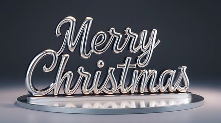 Ultra-realistic 3D render, metallic Merry Christmas sculpture, high-gloss finish, studio lighting