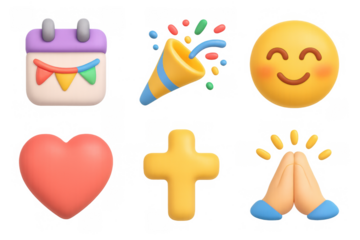 Festive icon set with party popper, calendar, smiley face, heart, cross, and praying hands for celebration designs