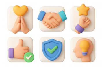 Belief and trust icon set for design projects featuring heart, handshake, and idea symbols