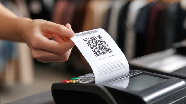 Hand holding a receipt with QR code over a payment terminal transaction