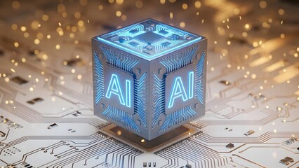 Obraz premium Futuristic glowing cube with AI symbols at the center of a digital circuit board.