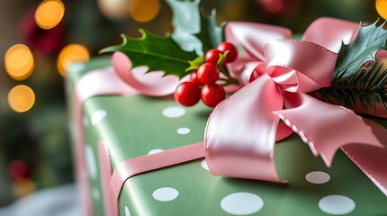 Ultra-realistic close-up of a beautifully wrapped Christmas gift, adorned with a satin ribbon and a sprig of holly, hinting at joyful anticipation