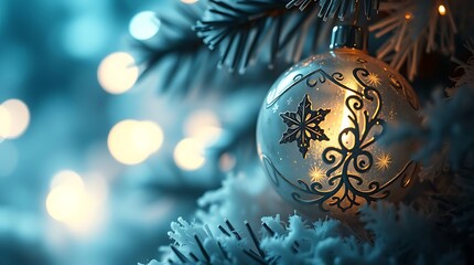 Ultra-realistic cinematic still of a whimsical Christmas fantasy, ethereal lighting, cool blues and silvers with pops of warm light, extreme close-up on an enchanted object