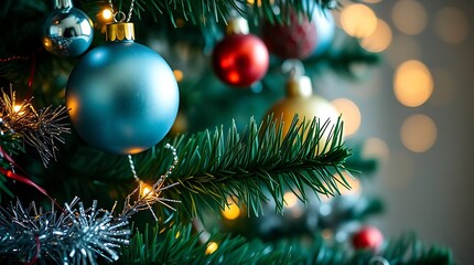 Ultra-realistic close-up of a decorated Christmas tree, intricate ornaments, shimmering tinsel, vibrant green needles, golden bokeh lights in the background, macro photography, soft focus