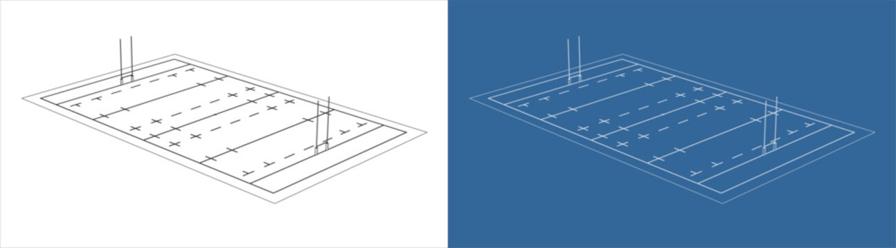 Isometric Rugby Field Technical Drawing with Goal Posts and Marking Lines