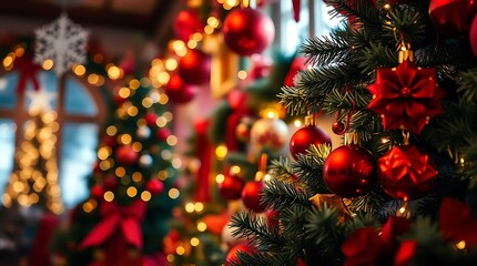 Ultra-realistic depiction of a festive Christmas scene, warm ambient lighting, rich reds and greens, detailed ornaments and twinkling lights, wide shot, shallow depth of field