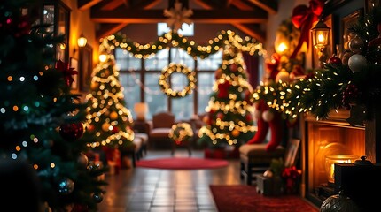 Ultra-realistic depiction of a festive Christmas scene, warm ambient lighting, rich jewel tones, cozy atmosphere, shallow depth of field