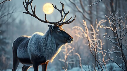Ultra-realistic depiction of a reindeer standing in a snowy forest, illuminated by the soft glow of moonlight, with intricate details on its fur and the frost-covered branches