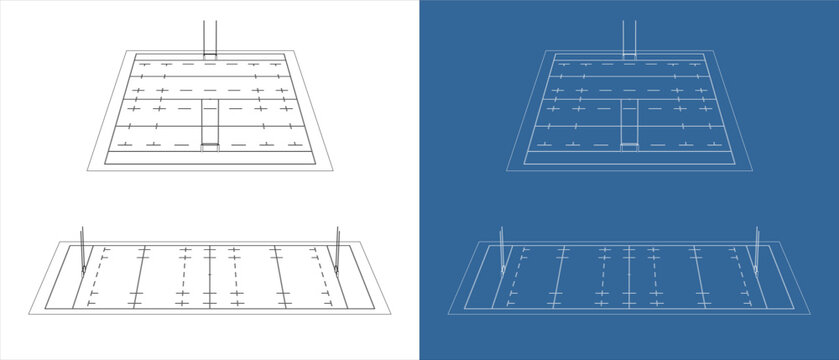 Rugby Pitch Technical Wireframe Drawing Showing Front and Side Perspective Views