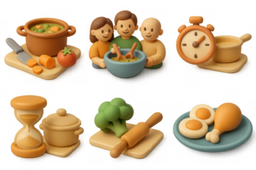 Collection of cartoon cooking icons featuring chefs, kitchen utensils, and ingredients for culinary design