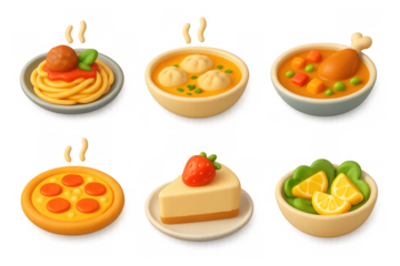 Whimsical cartoon dish icons - playful food illustration for design and decor
