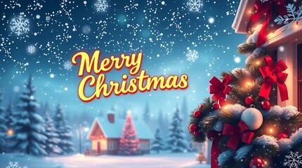 Ultra-realistic holiday illustration, embodying the joy of Merry Christmas with vibrant colors and a magical, snow-dusted setting