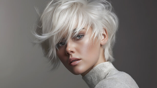 Cloud Dancer Chic Platinum Blonde Pixie Cut on Model, Modern Hair Fashion and Beauty Portrait Colour of the Year 2026