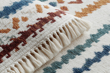Close-up horizontal macro shot of modern rug with intricate traditional patterns in terracotta, blue, and red threads, soft side lighting, shallow depth, neutral blurred background