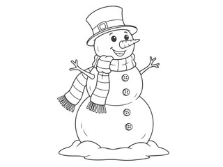 A charming black and white illustration of a happy snowman wearing a top hat and a striped scarf, ready for winter fun.