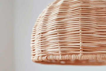 Close-up horizontal macro shot of woven lamp, focusing on rattan and wicker textures and fibers, warm soft light, intricate patterns, shallow depth, bokeh background, minimal neutral tones.
