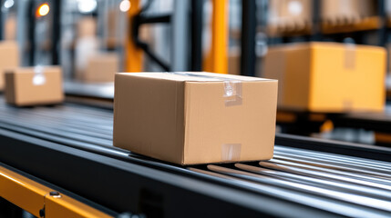 Cardboard box moving on an automated conveyor belt system in a modern warehouse, symbolizing efficient logistics, shipping, distribution, and global supply chain operations