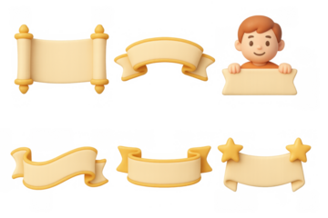 Charming collection of simple icon grid with vintage banners and cute character for graphic design