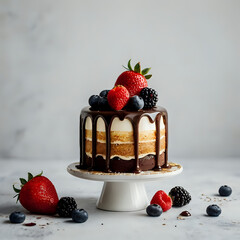 chocolate cake with strawberries, white background