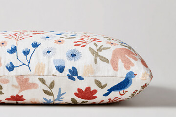 Top-down horizontal shot of upholstered seat fabric with modern folk motifs, dark base textile, delicate stitched birds and florals, soft daylight, minimal styling, clean composition.