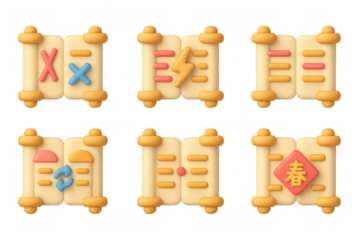 Charming 3d cartoon icon set of chinese scrolls with symbols for design projects