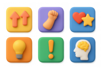 Colorful icon collection featuring arrows, fist, heart with star, light bulb, exclamation mark, and brain silhouette