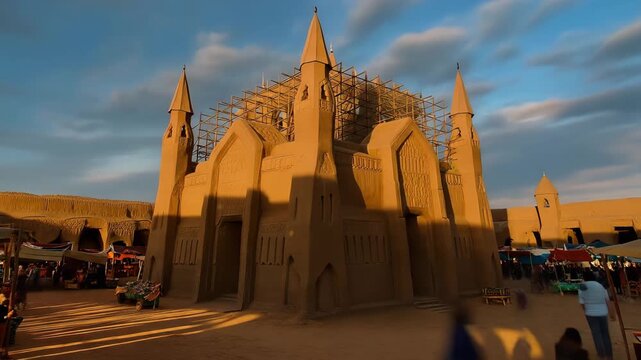 Time-lapse video of the Great Mosque featuring traditional mud architecture