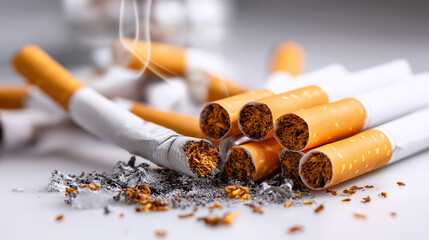 No smoking concept with broken cigarettes and ash scattered, smoking bans emphasis, health awareness visualization, quit smoking symbolism, white background, with copy space