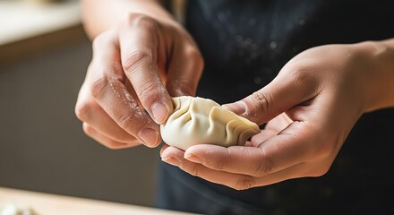 Crafting a delicious dumpling, expert hands folding pastry with precision