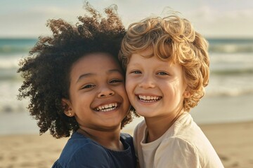  Two young children with curly hair embrace each other and smile broadly on a sandy beach. 