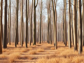 Serene Bare Tree Forest Path with Golden Dry Grass and Tranquil Atmosphere in Autumn or Winter Season