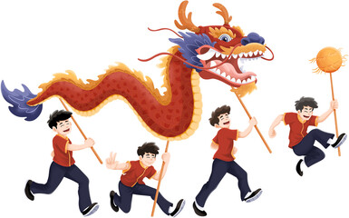 Boys Performing a Chinese Dragon Dance Illustration